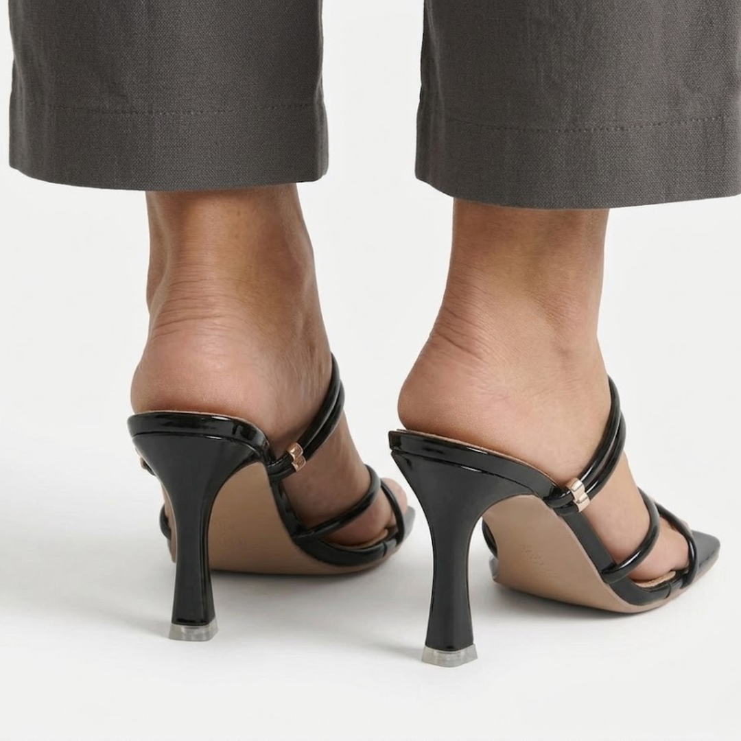 Glossy Strappy Heeled Mules - Nadine