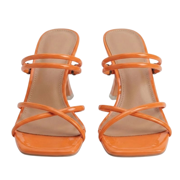 Glossy Strappy Heeled Mules - Nadine