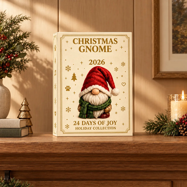 Cream and gold gnome advent box standing on a wooden mantel, styled with evergreen sprigs, red berries, a lit candle and small books. 1