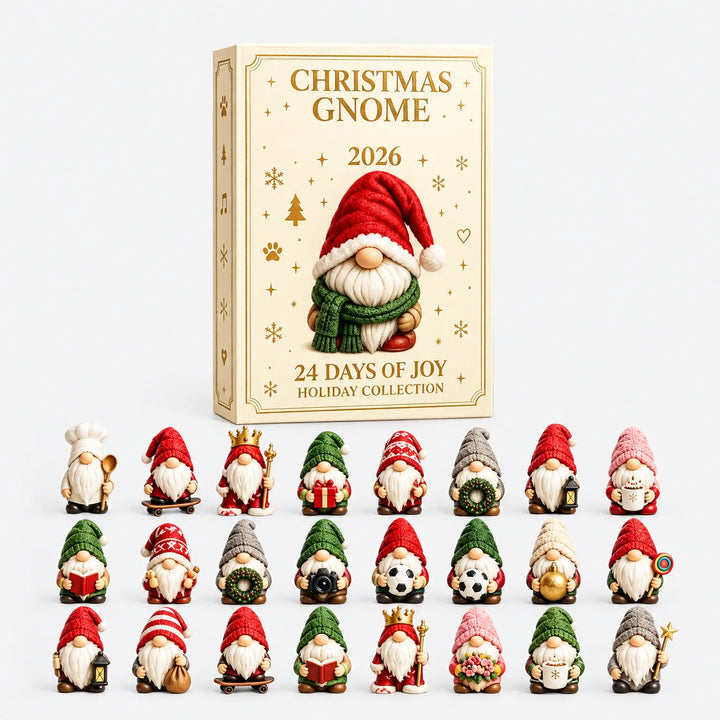 Cream gift box shown above all 24 small gnome figurines in red, green, grey and pink hats, each holding a different item. 2