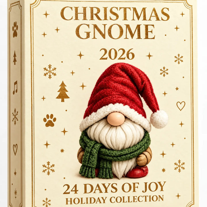 Close-up of the box front showing a gnome in a red hat and green knitted scarf, framed by gold snowflakes and stars. 3