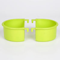 Two green plastic half-round bowls with hook-shaped hangers, shown side by side against a plain light background. 1