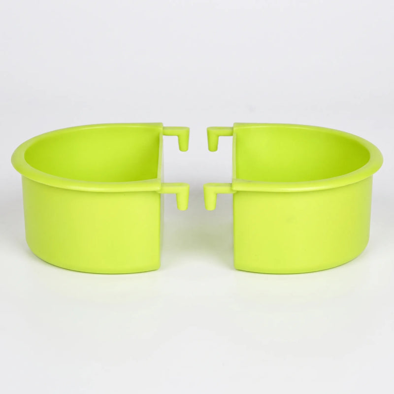 Two green plastic half-round bowls with hook-shaped hangers, shown side by side against a plain light background. 1
