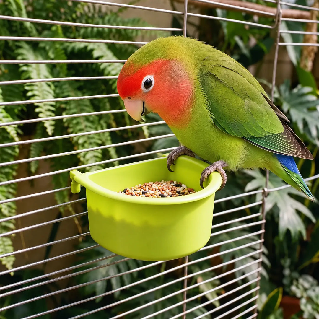 A green and red lovebird perches on the rim of a green hanging bowl filled with seed mix inside a cage. 2