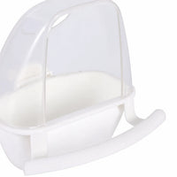 Close-up of the white version, showing the clear hood, the small inner flap and the moulded perch bar. 3