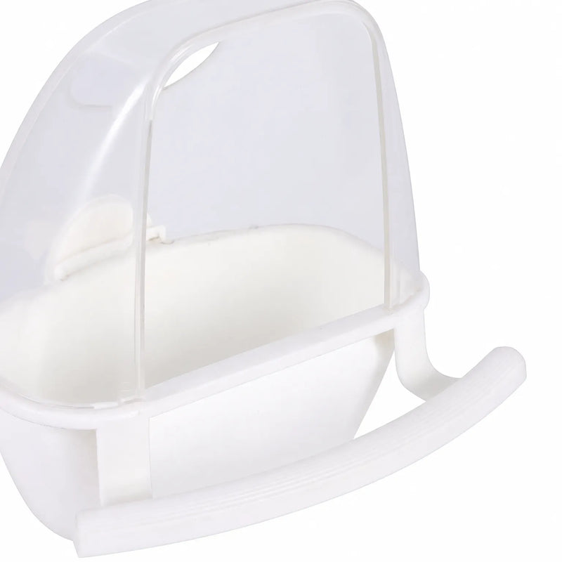 Close-up of the white version, showing the clear hood, the small inner flap and the moulded perch bar. 3