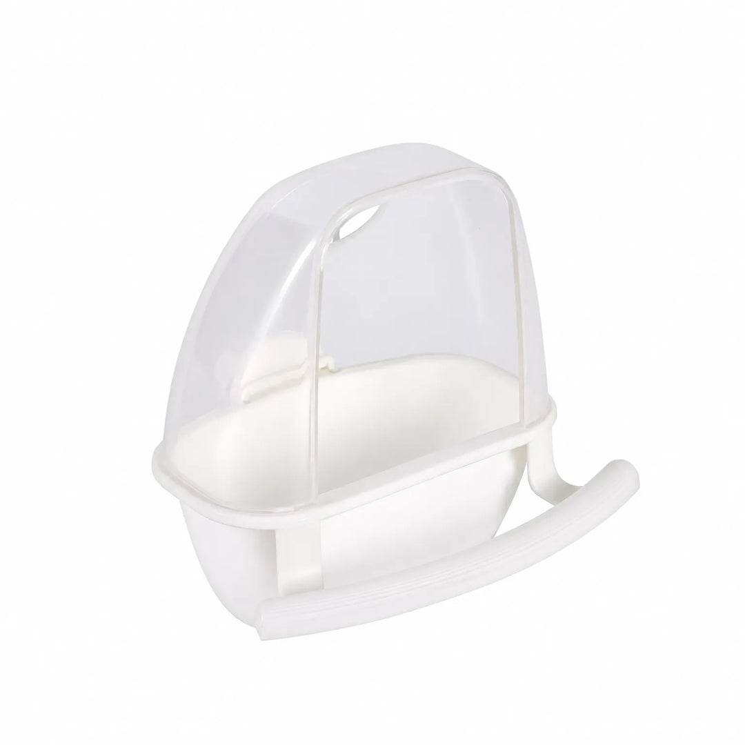 White feeder with a clear hood, empty bowl and curved perch, photographed on a plain white background. 6