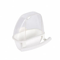 White feeder with a clear hood, empty bowl and curved perch, photographed on a plain white background. 6