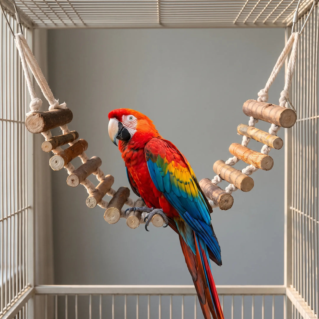 Red, blue and yellow macaw perched on the lowest rung of the hanging wooden rope bridge fitted inside a spacious metal bird cage. 2