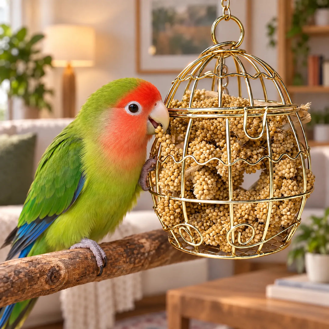 Green lovebird with a red face perched on a branch, nibbling millet from the hanging gold wire basket in a living room. 2