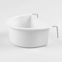 White plastic D-shaped bowl with two bent metal hooks on its flat side, shown on a plain light background. 1