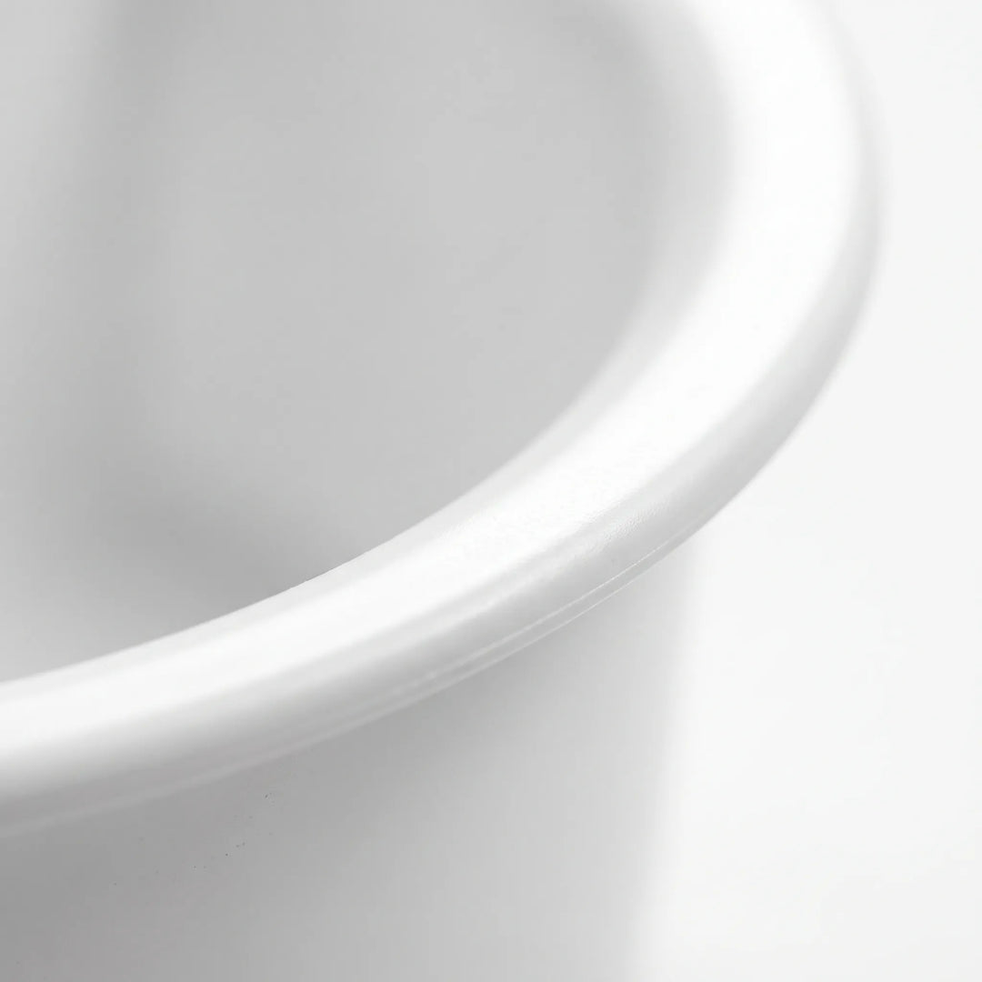 Close-up of the smooth, rounded rim of the white plastic bowl against a pale background. 3
