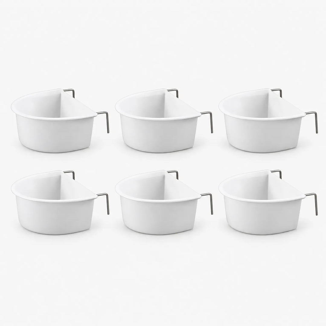 Six identical white D-shaped bowls with metal hooks arranged in two rows of three on a plain background. 4