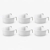 Six identical white D-shaped bowls with metal hooks arranged in two rows of three on a plain background. 4