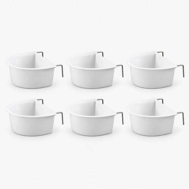 Six identical white D-shaped bowls with metal hooks arranged in two rows of three on a plain background. 4