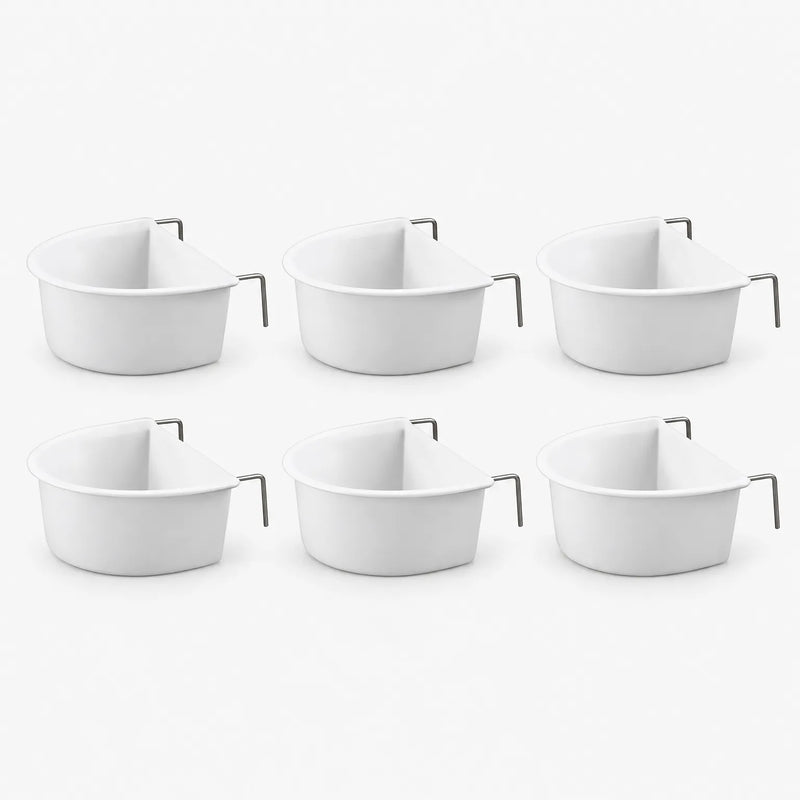 Six identical white D-shaped bowls with metal hooks arranged in two rows of three on a plain background. 4