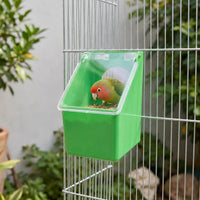 Feeder hooked onto a wire cage in a garden, with a green and red-faced lovebird eating seed through the lid. 2