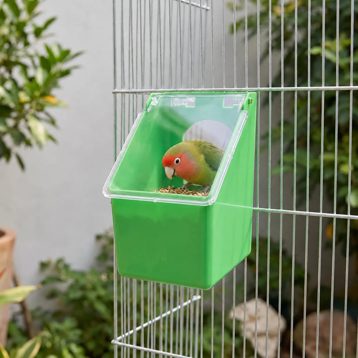 Feeder hooked onto a wire cage in a garden, with a green and red-faced lovebird eating seed through the lid. 2