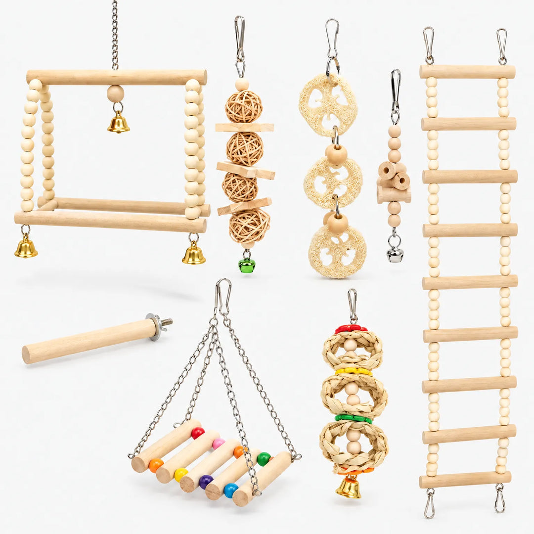 Set of wooden bird toys laid out on white: bead swings, ladder, rattan balls, loofah slices, straw rings, perch and bells. 1