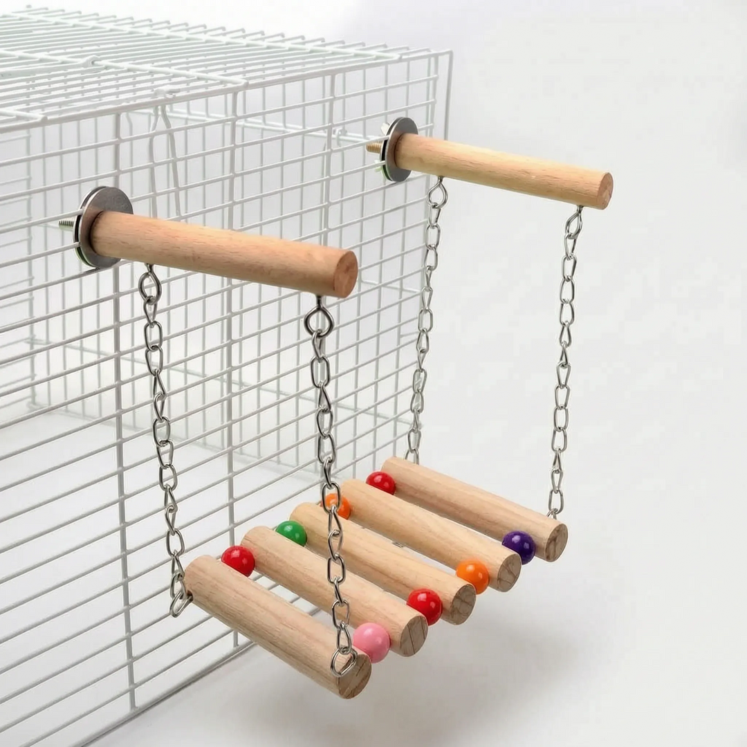 Wooden bridge with coloured beads between the dowels, hung from two wooden perches bolted to a white cage. 4