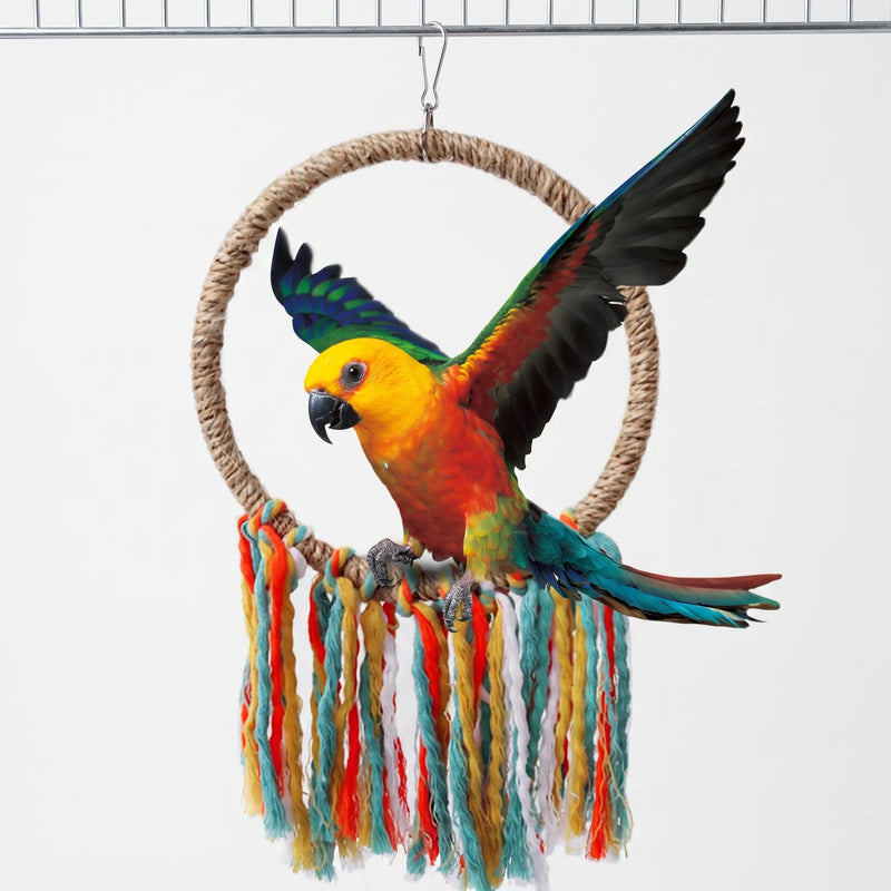 Colourful parrot with wings spread perched on a natural rope ring with multicoloured fringe, hung from a metal clip on a cage bar. 1