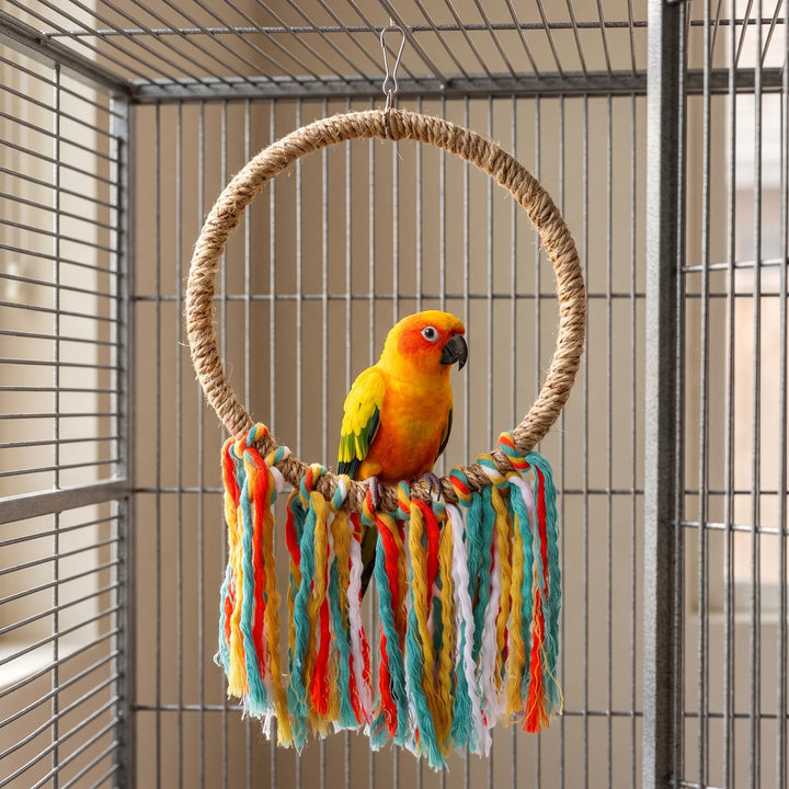 Sun-coloured parrot sitting on the rope ring with its colourful tassels, hanging inside a large wire cage. 2