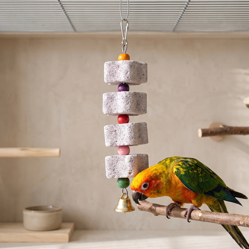 A yellow, orange and green parrot perched on a branch beside the hanging stone and bead toy inside a wooden-backed cage. 2