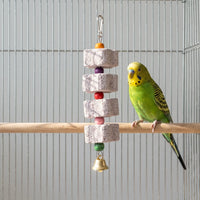 A green and yellow budgie perches on a wooden bar next to the dangling stone-block toy with colourful beads and a bell. 3
