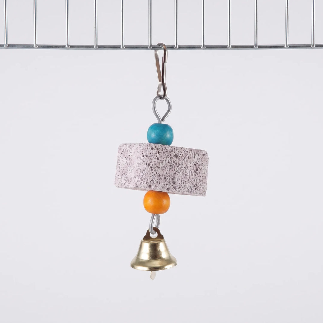 Shorter version with a single stone block between blue and orange beads and a brass bell, clipped to a cage wire. 5