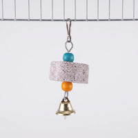 Shorter version with a single stone block between blue and orange beads and a brass bell, clipped to a cage wire. 5