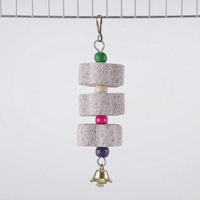 Version with three round stone discs separated by cream, pink and purple beads, topped with a green bead and finished with a bell, clipped to cage wire. 7