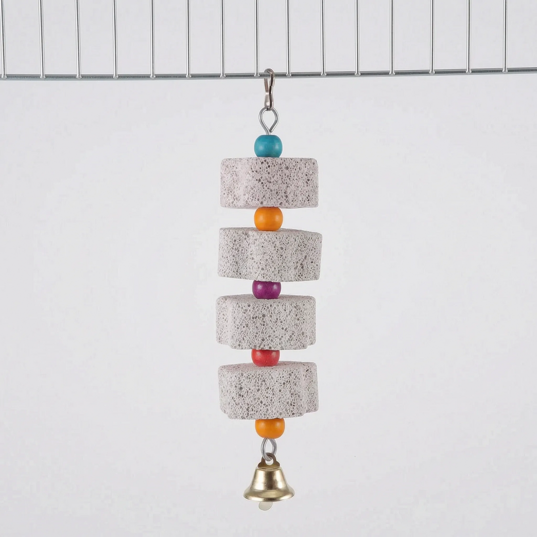 Version with four stone blocks alternating with blue, orange, purple, red and orange beads, ending in a brass bell, clipped to cage wire. 8