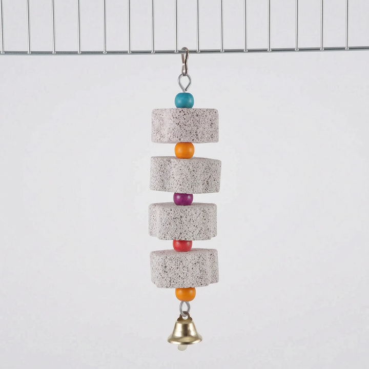 Version with four stone blocks alternating with blue, orange, purple, red and orange beads, ending in a brass bell, clipped to cage wire. 8
