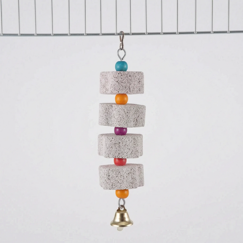 Version with four stone blocks alternating with blue, orange, purple, red and orange beads, ending in a brass bell, clipped to cage wire. 8