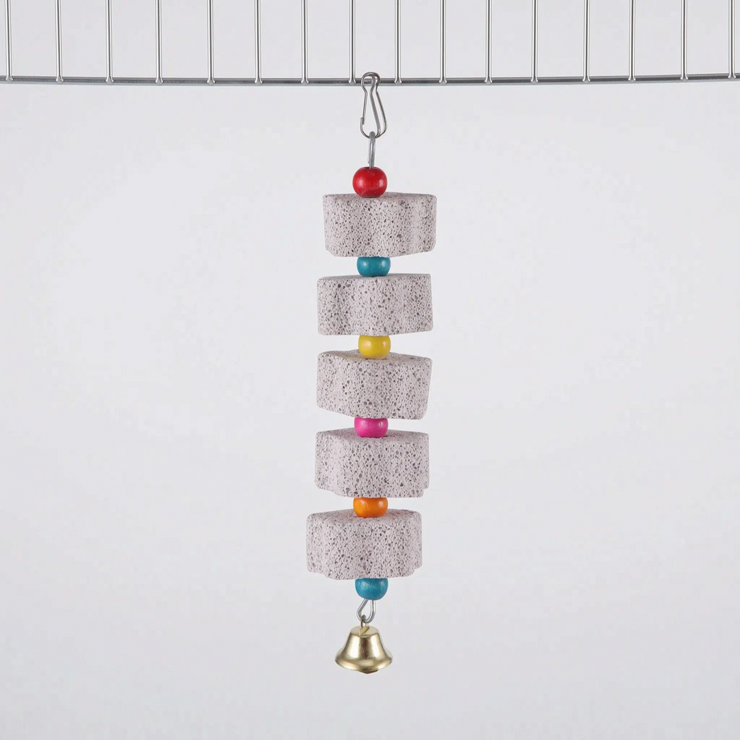 Longest version with five stone blocks separated by red, blue, yellow, pink, orange and blue beads, ending in a bell, clipped to cage wire. 9