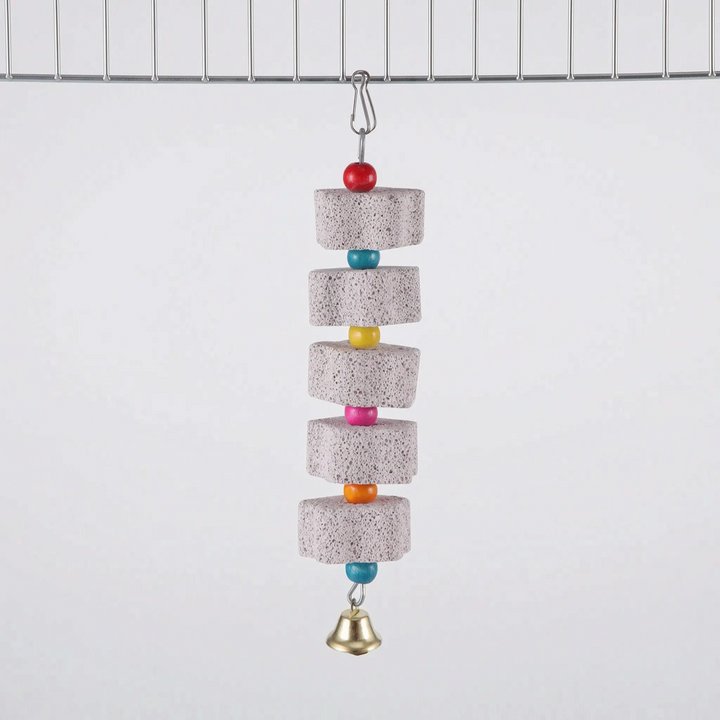 Longest version with five stone blocks separated by red, blue, yellow, pink, orange and blue beads, ending in a bell, clipped to cage wire. 9