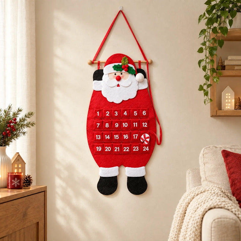 Red felt Santa advent calendar with 24 numbered pockets hanging on a cream wall in a cosy living room with Christmas decor. 1