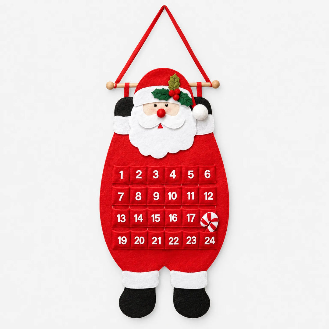 Front view of the red felt Santa calendar on a plain white background, showing numbered pockets, wooden hanging rod and candy cane marker. 2