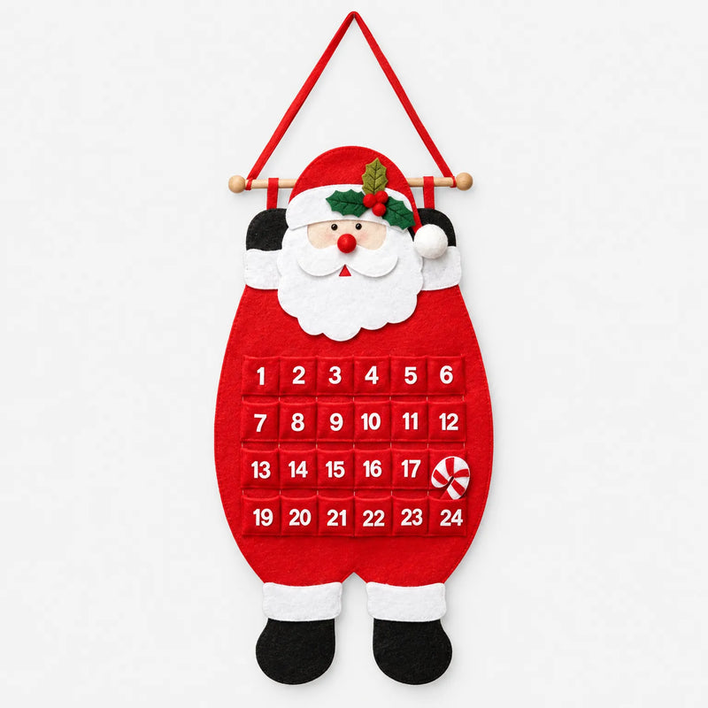 Front view of the red felt Santa calendar on a plain white background, showing numbered pockets, wooden hanging rod and candy cane marker. 2
