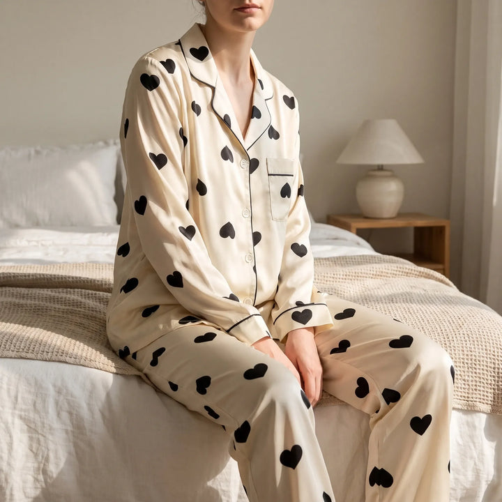 Woman sitting on the edge of a bed in the cream satin pyjama set with black hearts and piping. 1