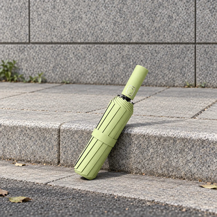 Folded light green umbrella leaning against a granite curb on a paved street, fabric strap around the canopy. 3