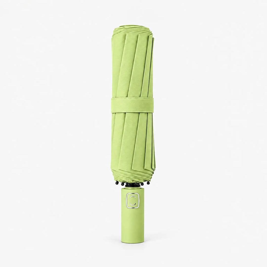Folded lime green umbrella wrapped with a strap, shown upright on a plain white background. 8