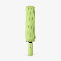 Folded lime green umbrella wrapped with a strap, shown upright on a plain white background. 8