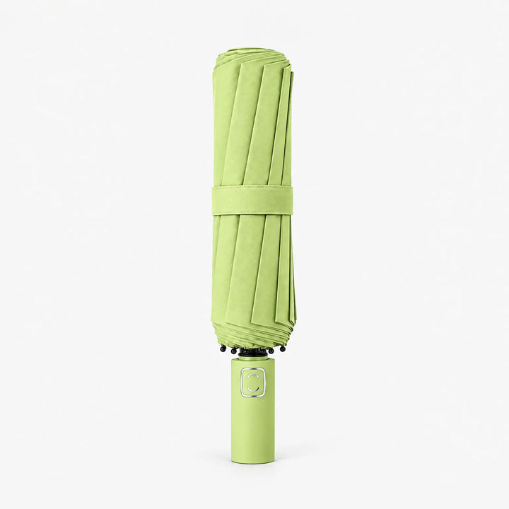 Folded lime green umbrella wrapped with a strap, shown upright on a plain white background. 8