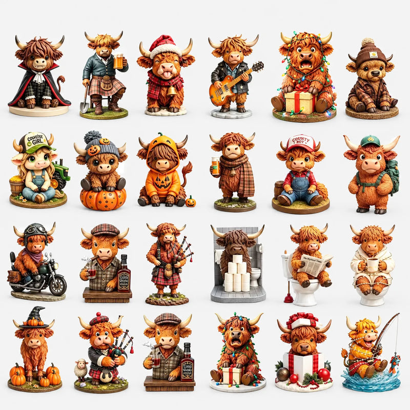 Grid of twenty-four different Highland cow figurines on a white background, dressed as a vampire, bagpiper, guitarist, angler, biker and more. 2
