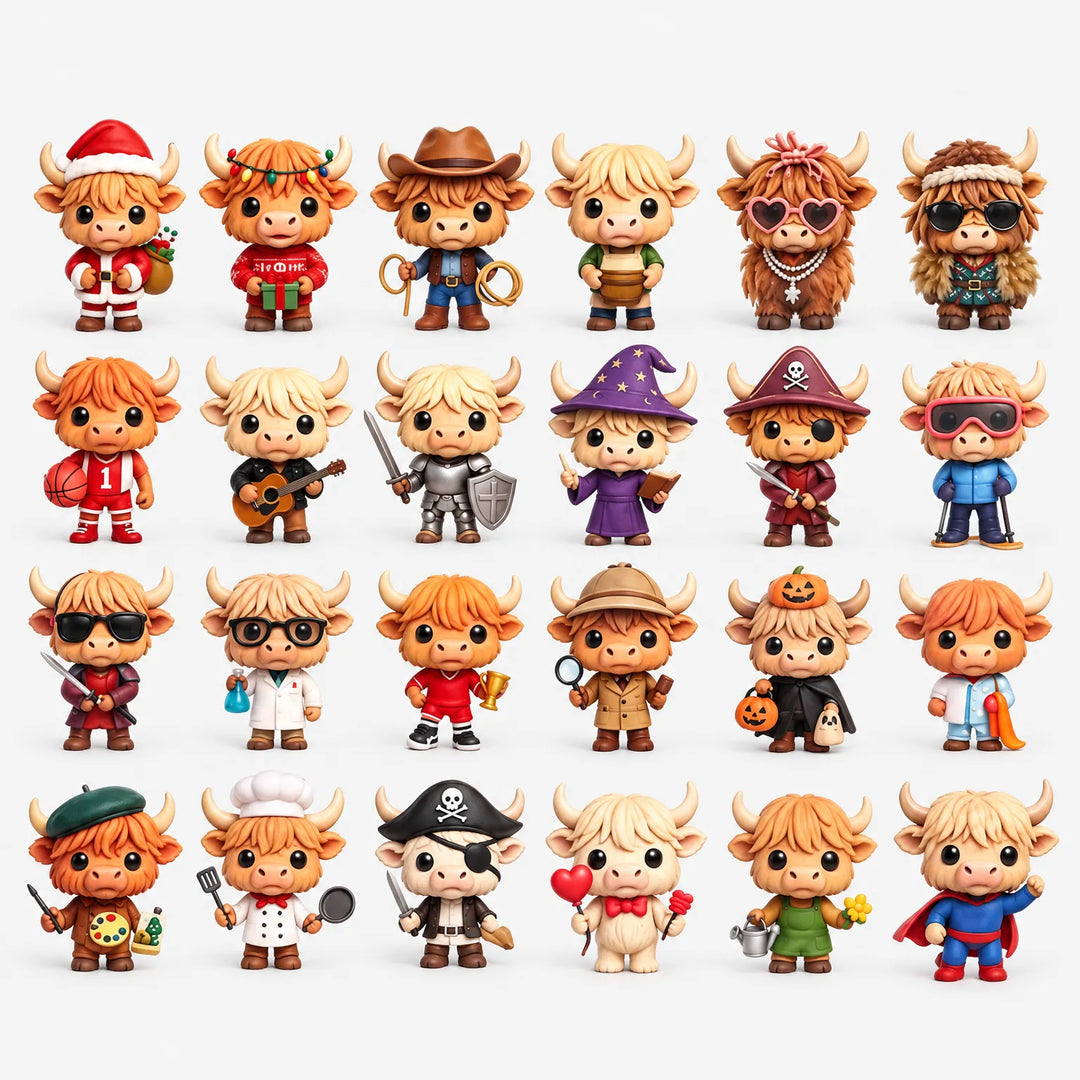 Grid of twenty-four small collectible Highland cow figurines in different costumes, including Santa, cowboy, wizard, pirate, chef, knight and superhero outfits. 2