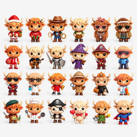 Grid of twenty-four small collectible Highland cow figurines in different costumes, including Santa, cowboy, wizard, pirate, chef, knight and superhero outfits. 2