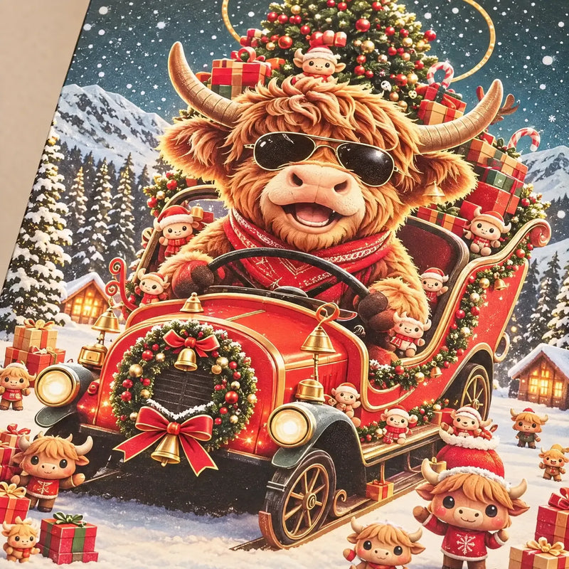 Close-up of a calendar cover illustration of a sunglasses-wearing Highland cow driving a red sleigh car loaded with presents and tiny cow helpers. 3