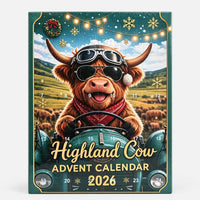 Front of a green advent calendar with numbered doors, showing a Highland cow in aviator goggles driving a teal tractor through green hills. 4