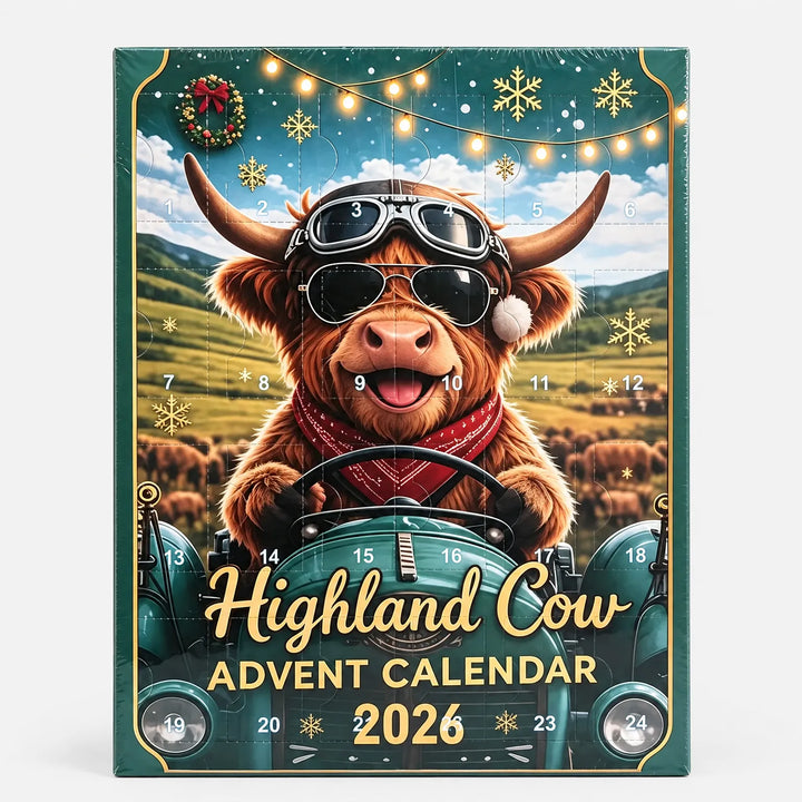 Front of a green advent calendar with numbered doors, showing a Highland cow in aviator goggles driving a teal tractor through green hills. 4